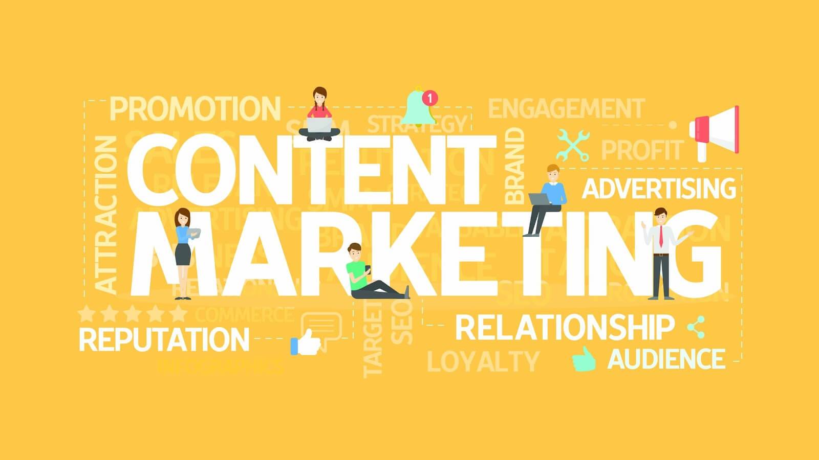 a yellow background with words that say content marketing.